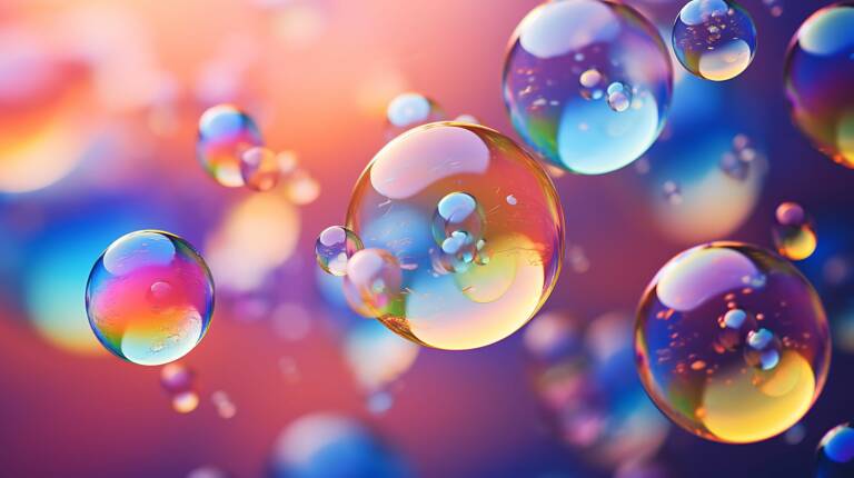 Erivärisiä ja erikokoisia kuplia leijumassa.