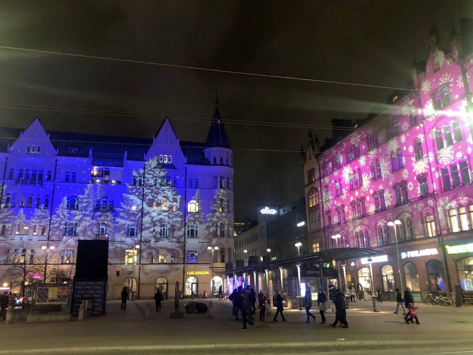 Buildings at Tampere Central square in Christmas lights.