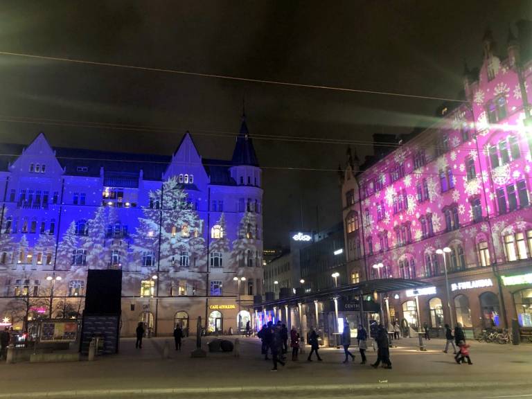 Buildings at Tampere Central square in Christmas lights.