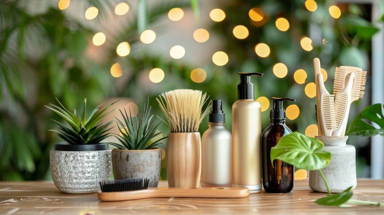 Kampaajan ja parturin välineitä ja viherkasveja pöydällä.