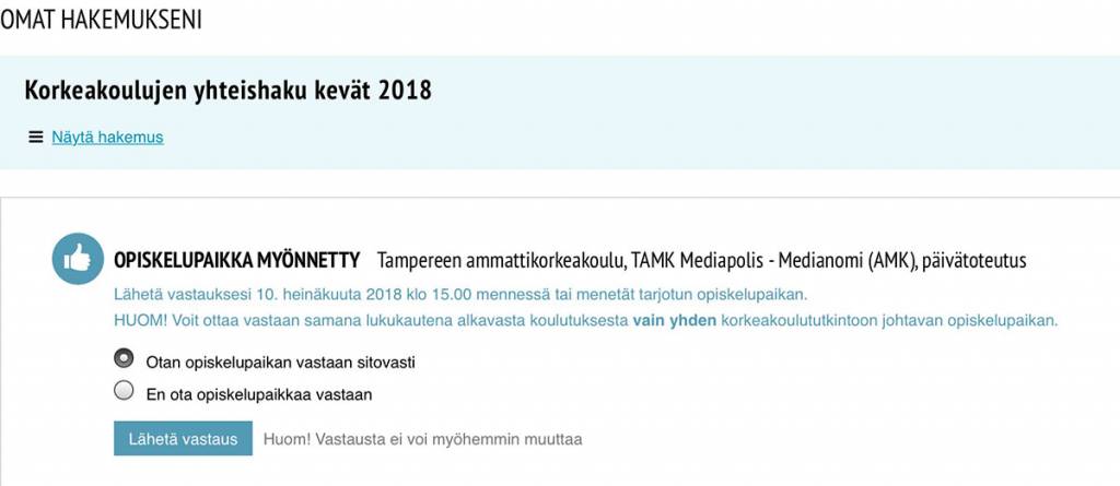 Opiskelupaikka hyväksytty -ilmoitus Opintopolussa