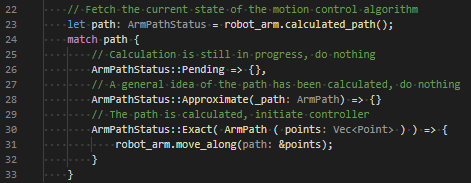 Source code showing a crafted example of a robot arm controller, demonstrating a possible API for reading the results from an asynchronous algorithm and acting on the results using pattern matching.