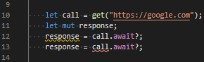 Source code showing an asynchronous get request to google.com in Rust.
