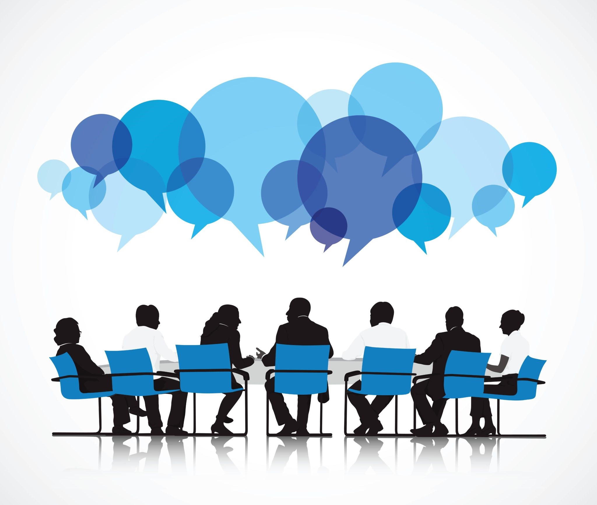 Grafiikkaa ihmisistä istumassa ja keskustelemassa pöydän ääressä.