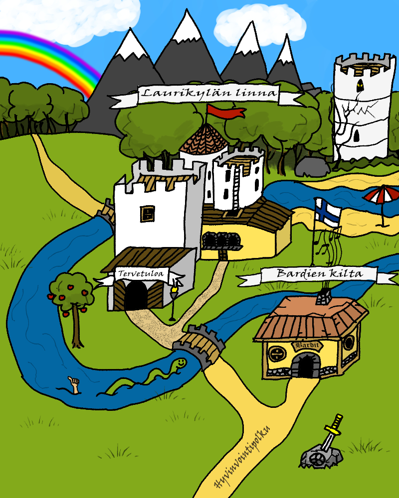 Piirroskuva pelistä, jossa linnamaisema.