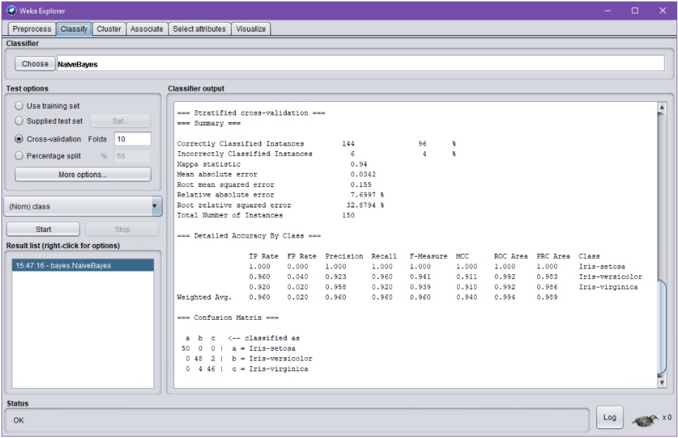 Weka Explorer –dialogin Classify-välilehti onnistuneen NaiveBayes-ajon jälkeen. Classifier output –raportti on nyt skrollattuna aivan raportin alareunaan, missä näkyvissä validoinnin tunnuslukuja, esim. luokittelutarkkuus ja sekaannusmatriisi. Koska raportti sisältää taulukkomuotoista dataa jota ei ole saavutettavasti kuvailtu, voi raportin tulosten lukeminen olla varsin hankalaa esim. ruudunlukijan avulla.