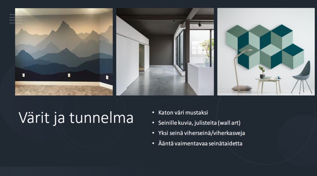 Ideakuva väreistä ja tunnelmasta: vuroimaisema seinällä, musta katto, kolmiulotteinen rakennelma seinällä.