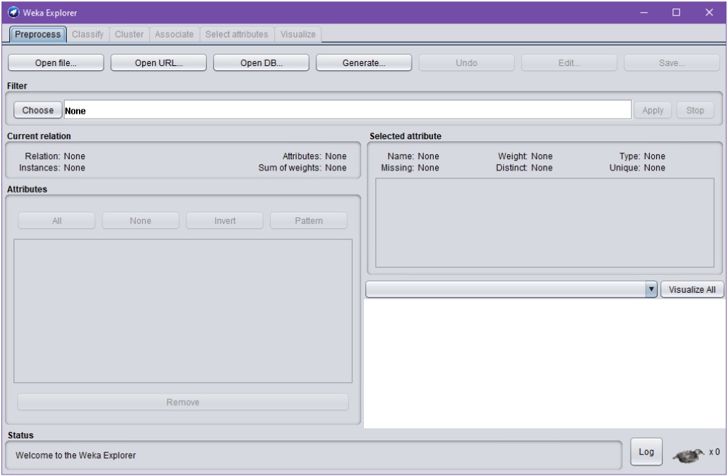 Weka Explorer –dialogin Preprocess-välilehti. Välilehti tarjoaa perustoiminnot aineiston lataamiseen ja esikäsittelyyn (erit. toiminnot "Open file...", "Open URL...", "Open DB..." ja "Generate..."). Välilehden avulla on mahdollista myös mm. määritellä filtteri datalle ("Filter > Choose") sekä tarkastella ladatun aineiston kuvailutietoja eri tavoin ("Current relation", "Selected attribute" ja "Attributes").