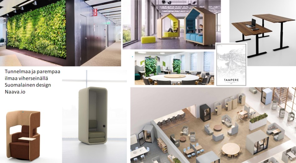 Idekuva, jossa erilaisia kalusteita ja musta seinä.