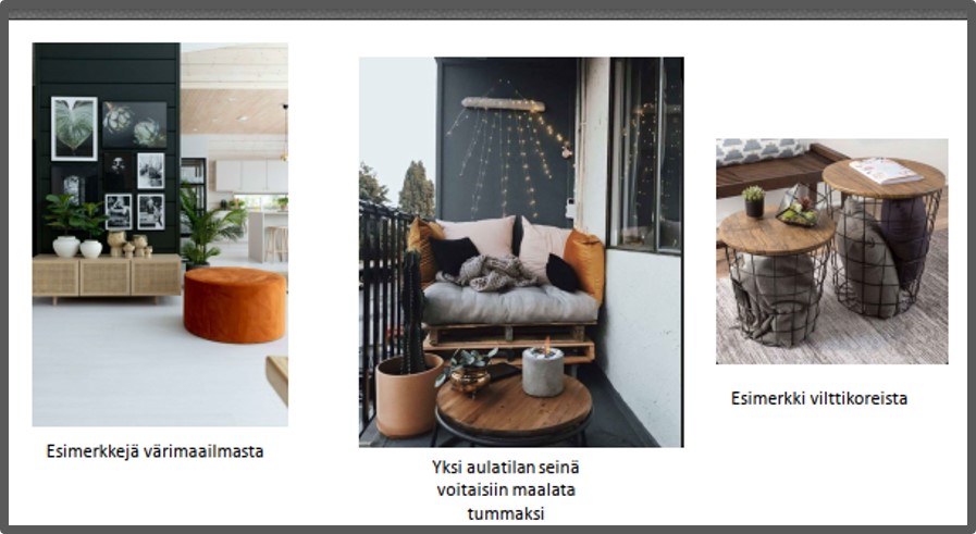 Ideakuva, jossa erilaisia sisustuskuvia.