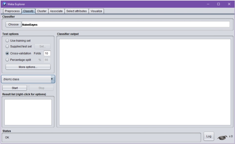 Weka Explorer –dialogin Classify-välilehti, jossa ladattuna iiris-aineisto. Välilehti tarjoaa mahdollisuuden koneoppimisen algoritmin valintaa (Classifier > Choose); nyt valittuna NaiveBayes-algoritmi. Dialogi sisältää myös ryhmät "Test options", "Classifier output" sekä "Result list". Ryhmän "Test options" puitteissa on nyt valitty "Cross-validation [with] Folds: 10" ja luokitteleva attribuutti "(Nom) class". Opetus- ja validointiajon käynnistys onnistuu Start-nappulalla.