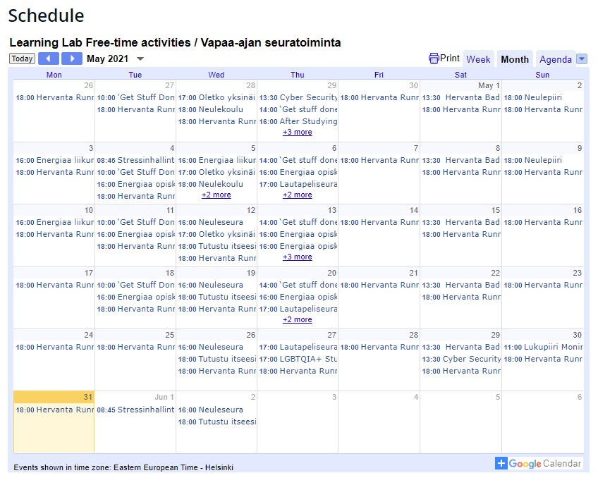 Learning lab calendar for activities in May.