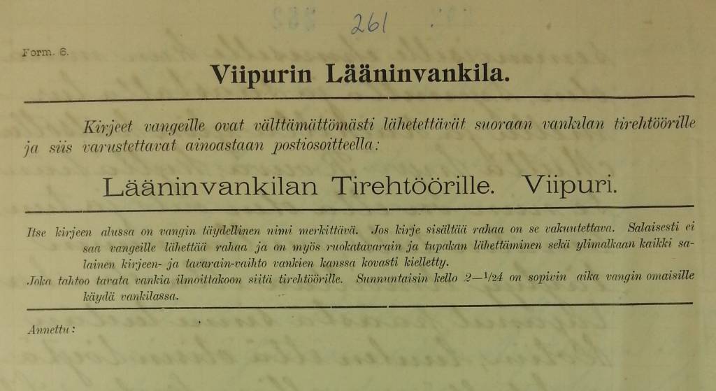 kuva vankilan kirjelomakkeesta