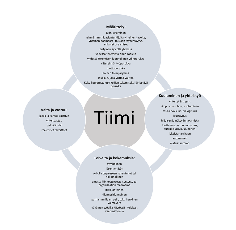 Kaavio tiimeistä. Määrittely, kuuluminen ja yhteistyö, toiveita ja kokemuksia, valta ja vastuu.