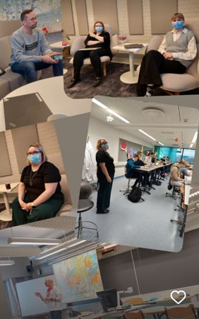 Kuvakollaasi monesta kuvasta, joissa kehittäjäopettajia eri tiloissa Joensuun Tulliportin normaalikoululla. 