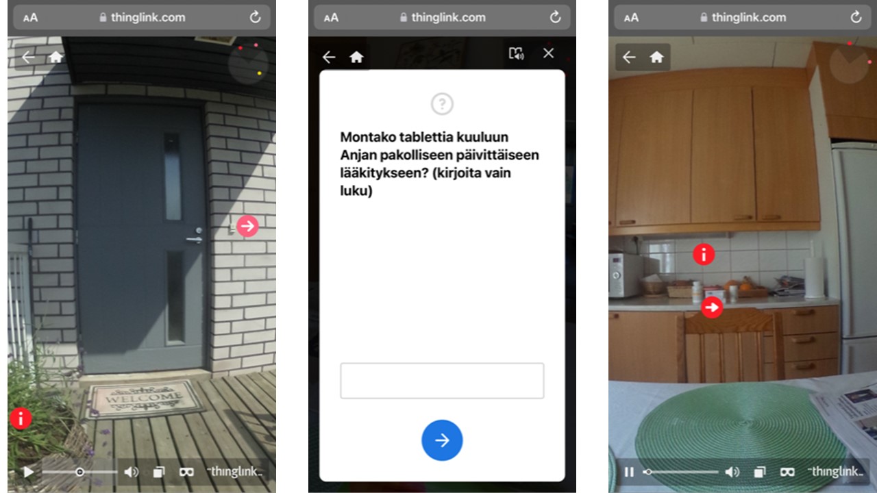 Ruudunkaappauskuvia virtuaalisesta pakopelistä. Kuvissa opiskelija ovella, tehtävän äärellä ja hoidettavan keittiössä.