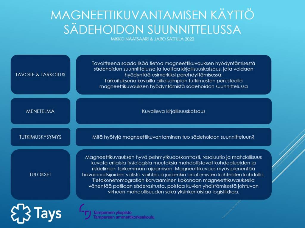 Kirjallisuuskatsauksen keskeisenä tuloksena on: MRI:n käyttö vähentää säderasitusta, poistaa kuvien yhdistämisestä johtuvien virheiden mahdollisuutta ja yksinkertaistaa logistiikkaa