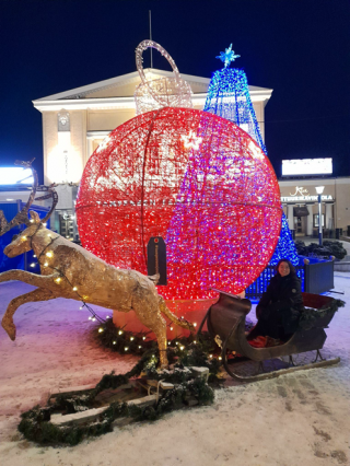 A photo of Andrea in a sleigh at Joulutori in Tampere
