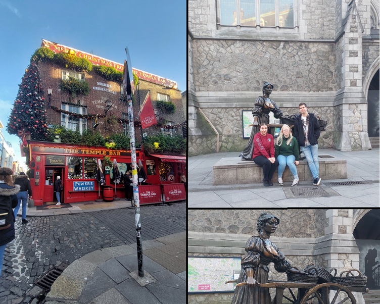 Kuvakollaasi, baari, opiskelijoita patsaan edessä