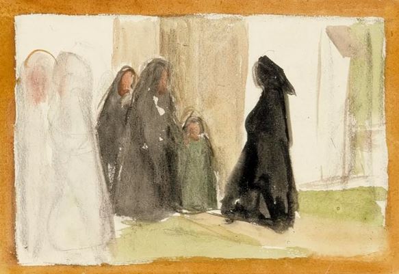 Albert Edelfeltin luonnos naisista kirkkotiellä.