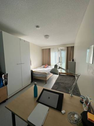 A desk, a wardrobe and a bed in a student apartment.