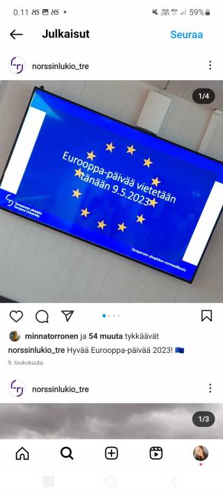 Kuva, jossa infonäyttö, jossa EU-lippu ja tieto Eurooppa-päivän vietosta.