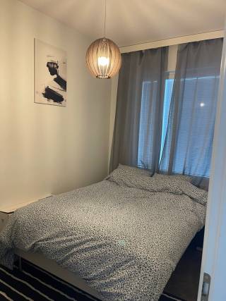 A bed, a lamp on the ceiling.