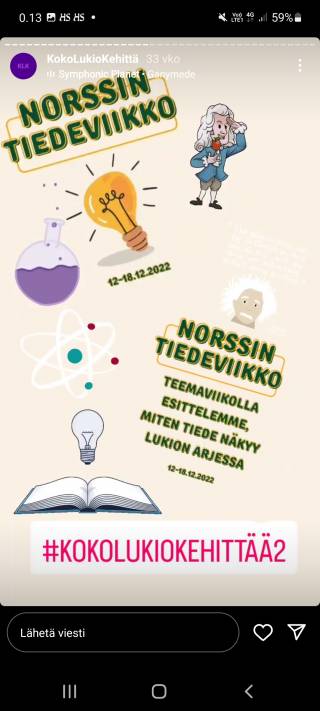 Kuva, joka posteri koulun tiedeviikkotapahtumasta.