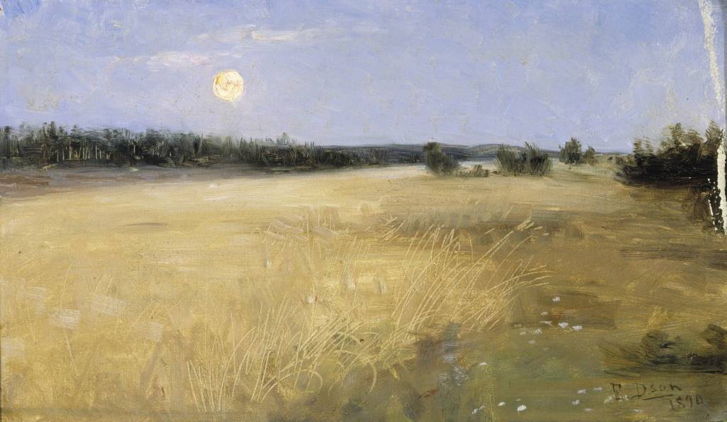 Maalaus kesäyön maalaismaisemasta.