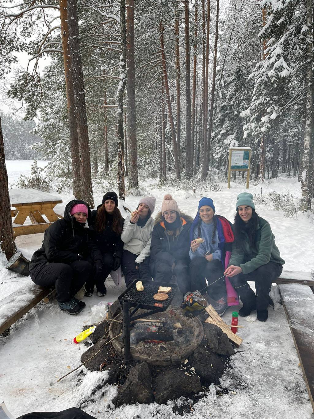 Six people sitting around a bonfire in wintery landscape.