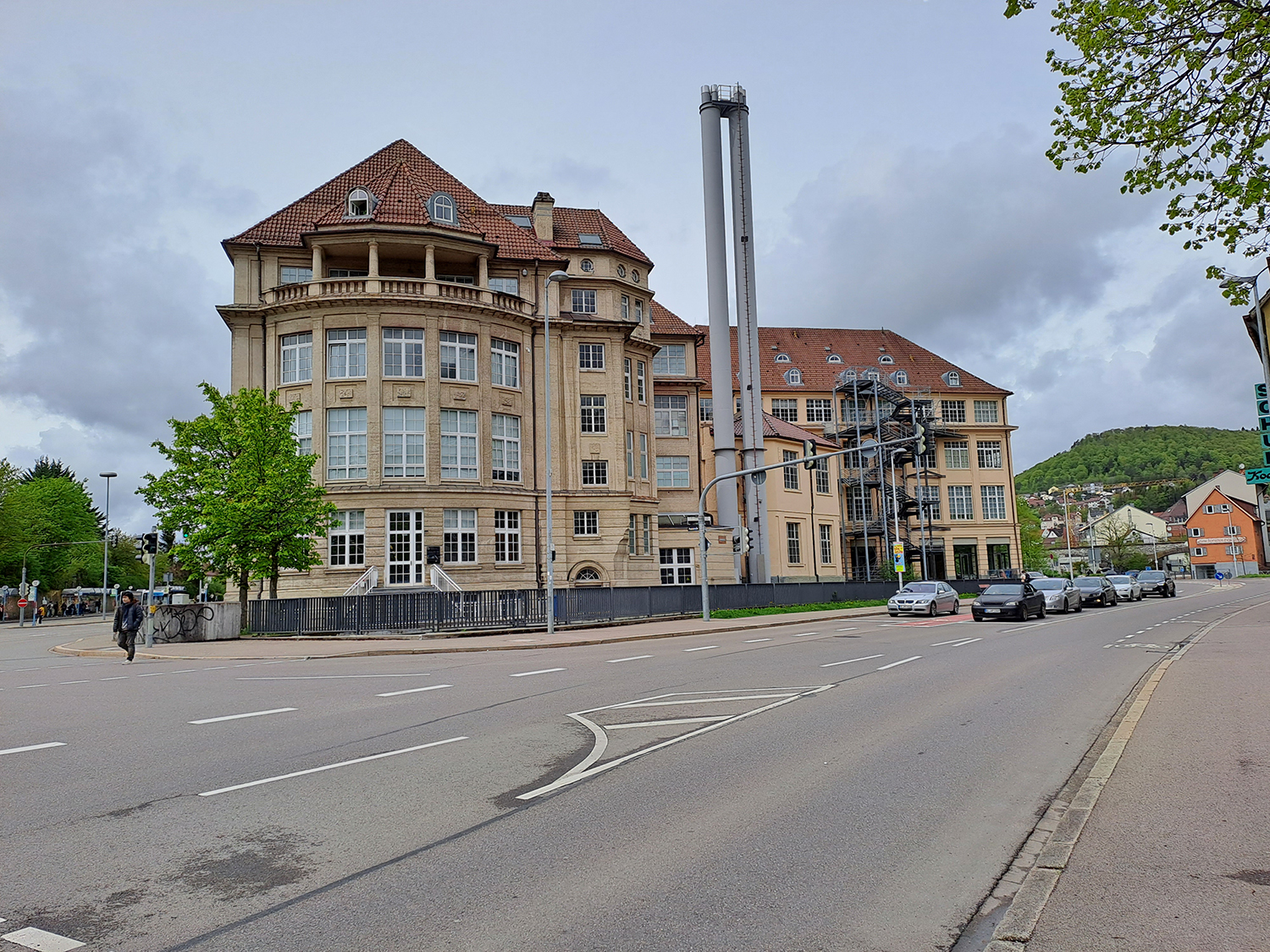 Brown textile and clothing technology building, which is a former textile factory, at Albstadt-Sigmaringen University.
