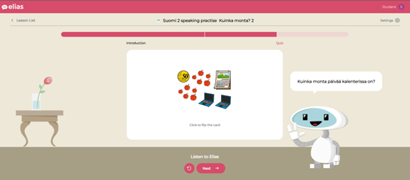 An activity presented by Elias robot app where there is a picture of several elements such as a calendar, apples, computers, and a coin. There is a robot with the written question: "How many days does the calendar have?"