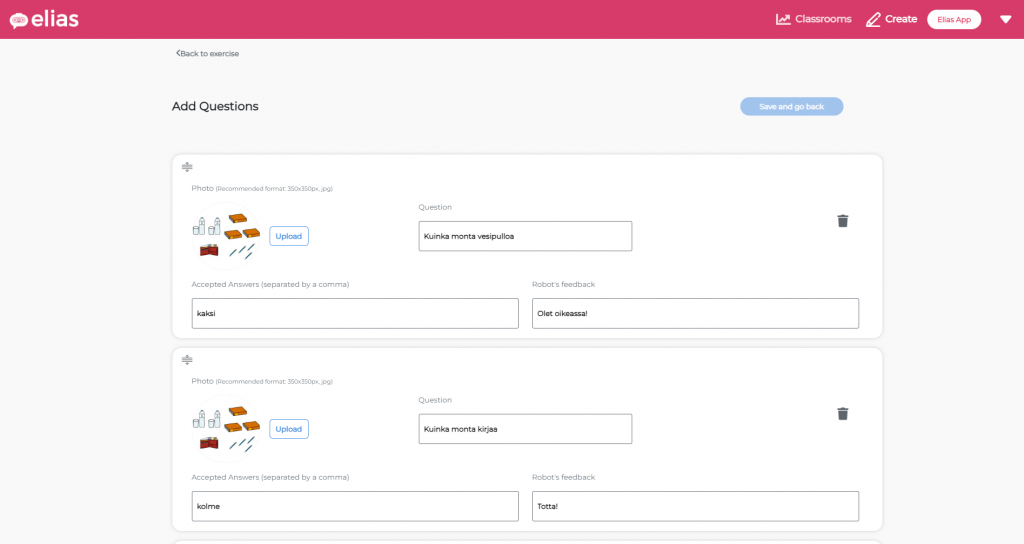 Visual interface where the user can add a question, a picture, the answer that the robot will accept as correct, and its feedback when the answer is correct.