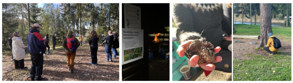 (1) A group of people standing on a forest path surrounded by trees, some wearing backpacks and outdoor clothing, while a speaker addresses the group. (2) A poster on a wooden wall with text introducing the workshop, accompanied by warm lighting from a nearby fire. (3) A close-up of a hand holding a pinecone, with a paper cup and a green booklet visible in the background. (4) A person wearing a yellow jacket and black a backpack and a beanie crouched near a tree trunk on a grassy area.