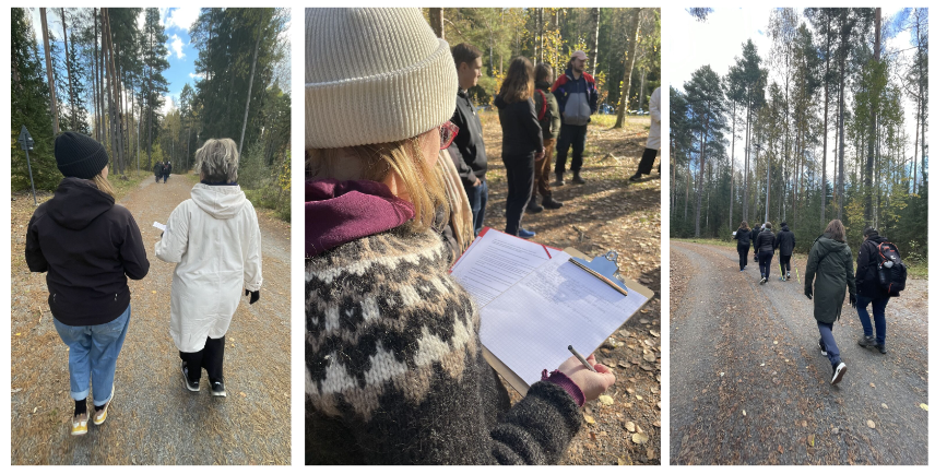 (1) Two people walking on a gravel path surrounded by trees, one holding a piece of paper. (2) A close-up of a person in a wool sweater and beanie holding a clipboard and pen, with a group visible in the background. (3) A group of people walking in single file along a forest trail surrounded by tall trees.