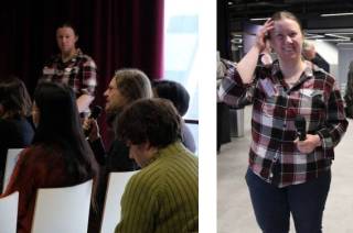 A woman as a mic runner in an event.