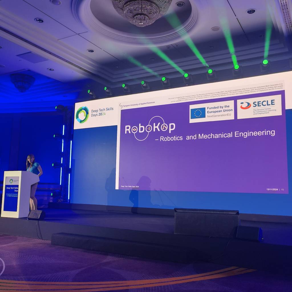 Iina Nieminen seisomassa lavalla ja pitämässä esitystä.