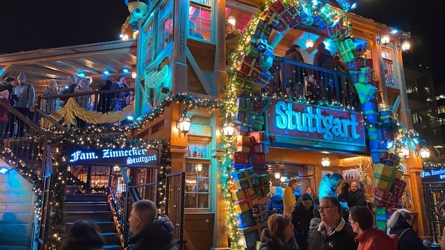 A chritmas market with christmas lights in Stuttgart.