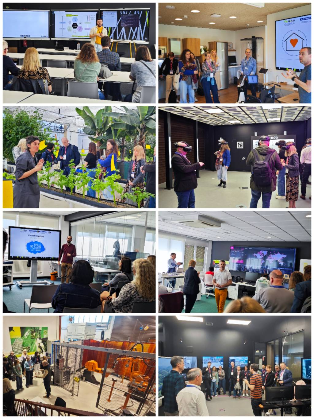 Kahdeksan kuvan kuvakollaasi Tknikasta. Kuvissa näkyy osallistujia eri oppimisympäristöissä.