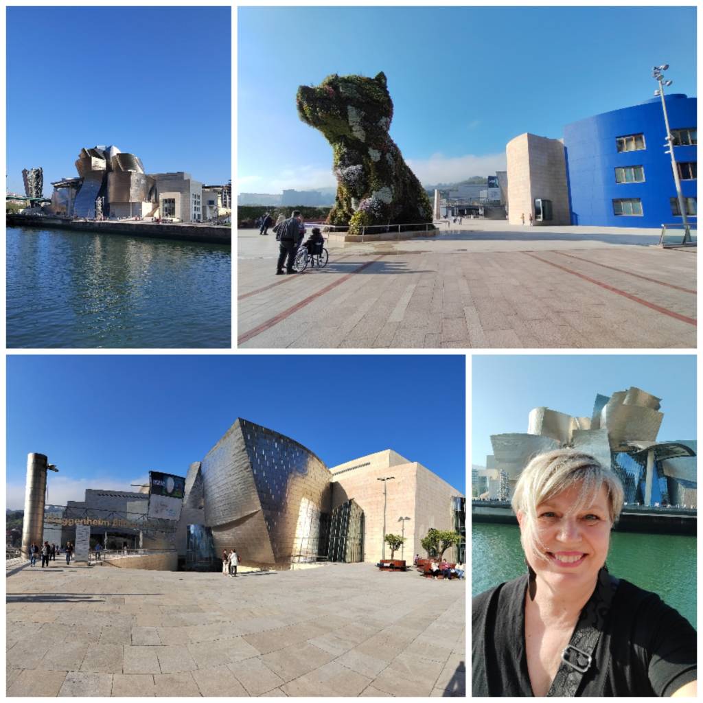 Neljän kuvan kuvakollaasi Guggenheimista, yksi kuvista on Ninan selfie.