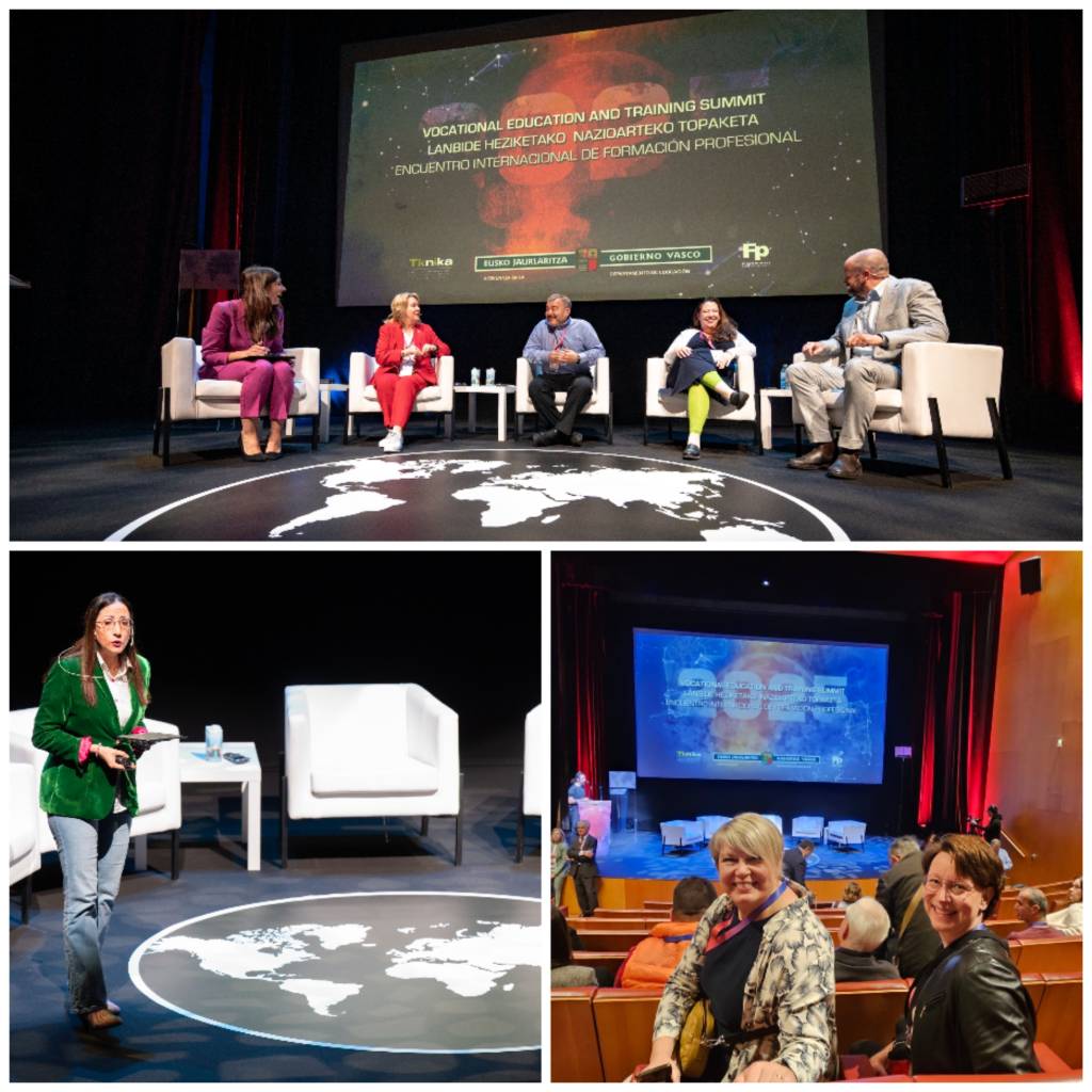 Kolmen kuvan kuvakollaasi VET Summitista. Nina ja hanne näkyvät yhdessä kuvista, muissa kuvissa on esiintymislavalla olevia henkilöitä.