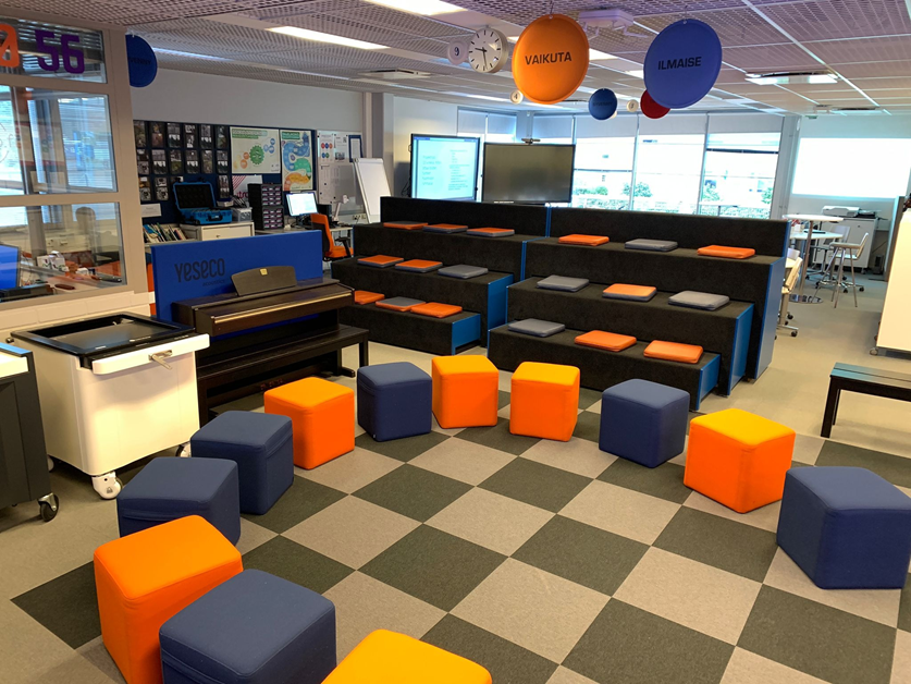 Kuva, jossa koululuokka erilaisine värikkäine kalusteineen