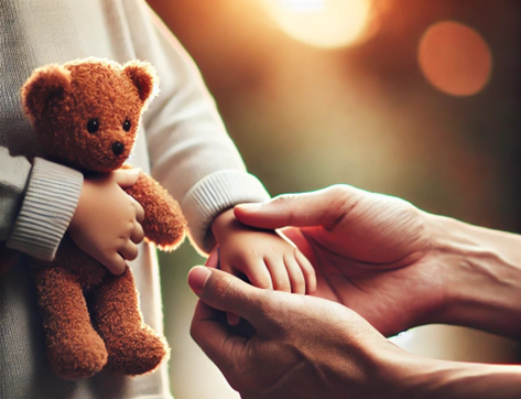 A child who is holding a teddy bear in one hand and the other hand is held by an adult.