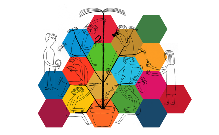 Ihmishahmoja kennostossa, YK:n kestävän kehityksen mukaiset värit.