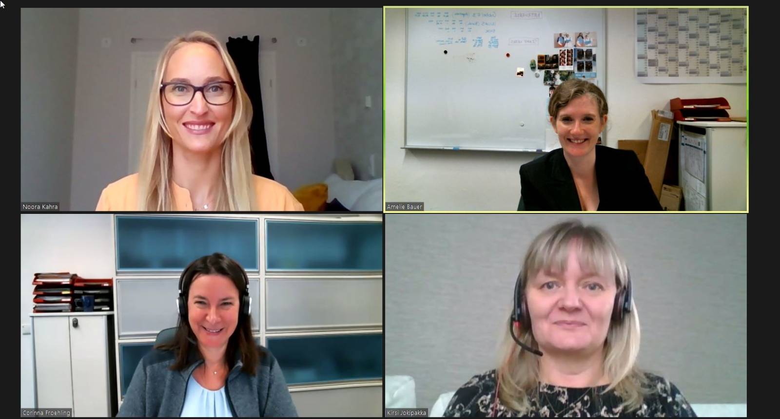 Noora Kahra (oikea yläkulma), Amelie Bauer, kv-päällikkö, Corinna Fröhling, International Relations Coordinator ja Kirsi Jokipakka Teams-kokouksessa.