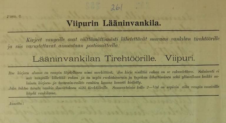 kuva vankilan kirjelomakkeesta