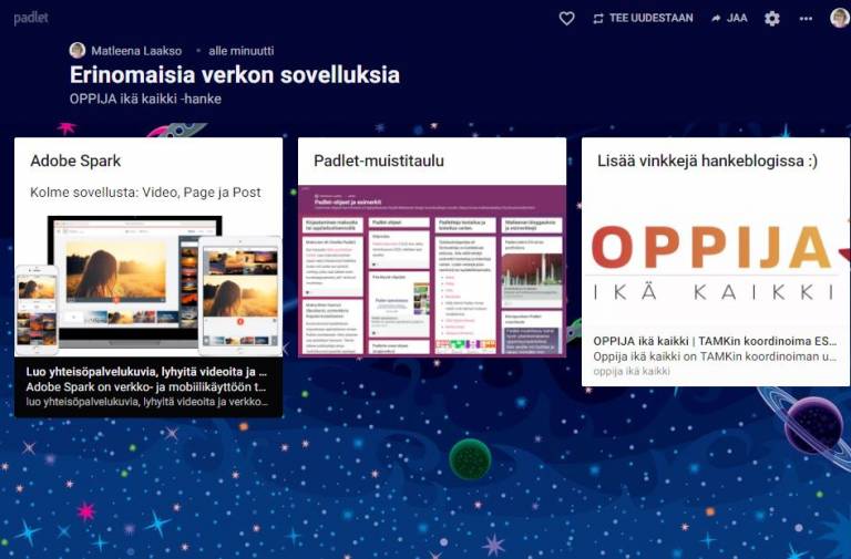 Ruudunkaappauskuva Padlet-muistitaulusta.