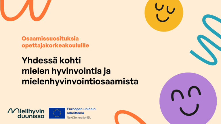Mielihyvin duunissa -hankkeen ja rahottajan logo, hymynaama sekä teksti osaamissuosituksista.