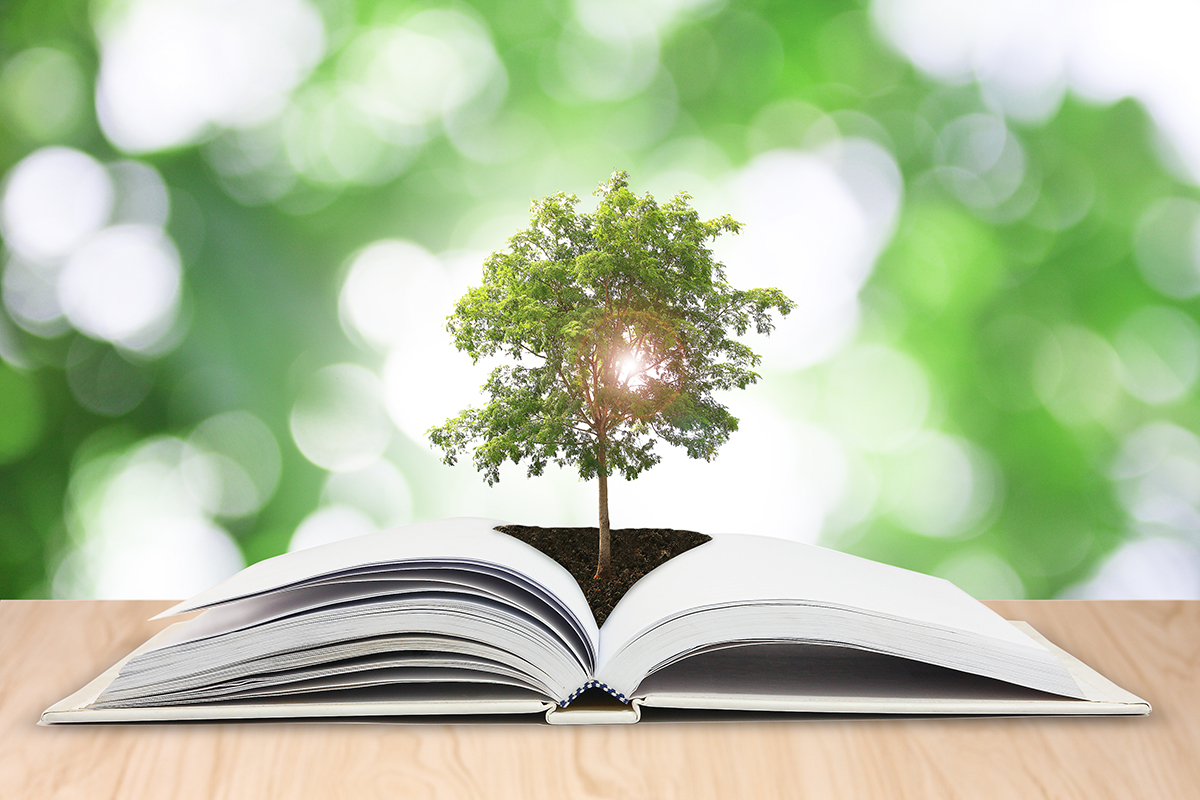 Avoin kirja, jonka keskeltä avautuu puu.
