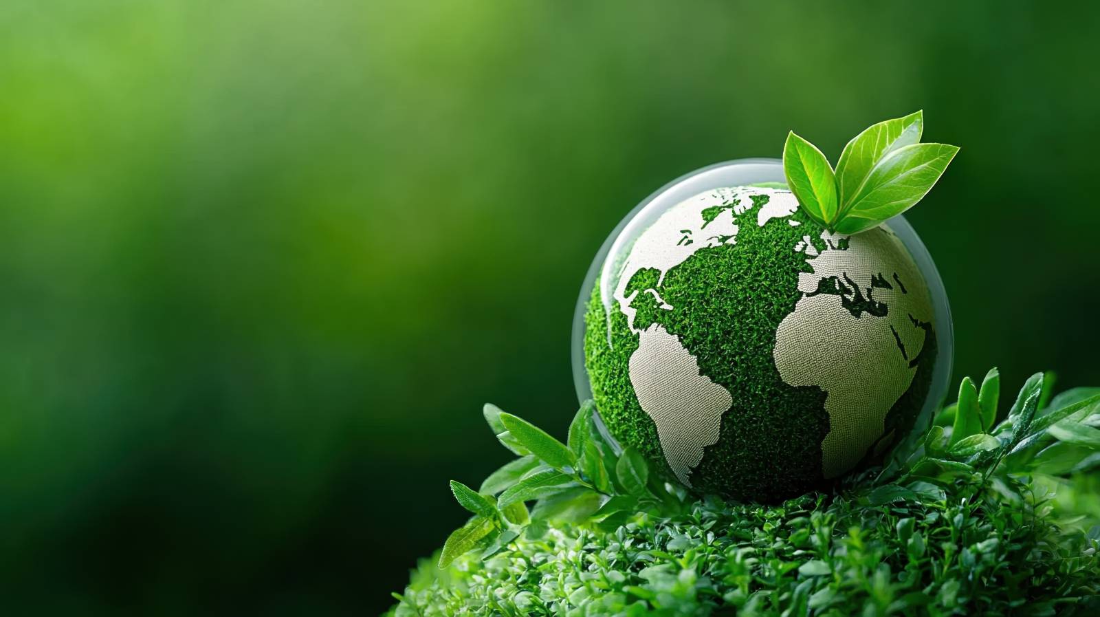 A green globe adorned with lush vegetation represents the commitment to sustainable development goals, emphasizing the importance of carbon neutrality and environmental preservation.